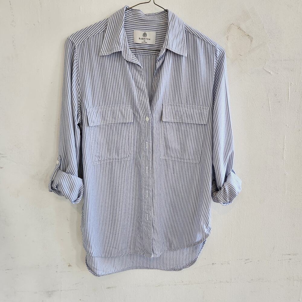 Aritzia Babaton XS Utility 100% Tencel Stripe Button Up Shirt Roll Tab Sleeves - Picture 2 of 9